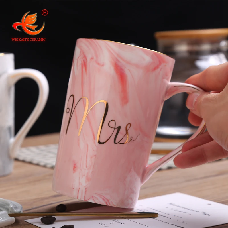 
WKTM025 Wholesale Custom printed porcelain calacata grey pink marble mr and mrs ceramic coffee cup gift mug with lid and spoon 