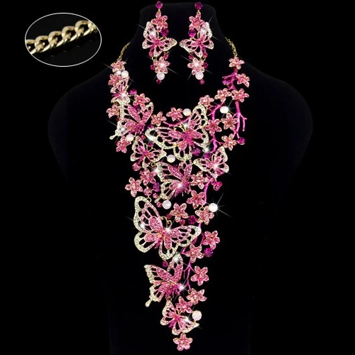 

Gorgeous Big Wedding Bridal Jewelry Set Luxury Butterfly Flower Rhinestone Gold Plated African Indian Style Necklace Earring Set