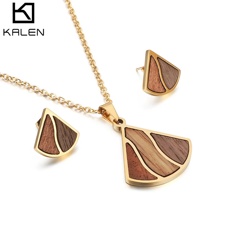 

KALEN New Design Wood & Stainless Steel Sector Shape Necklace & Earring Jewelry Set