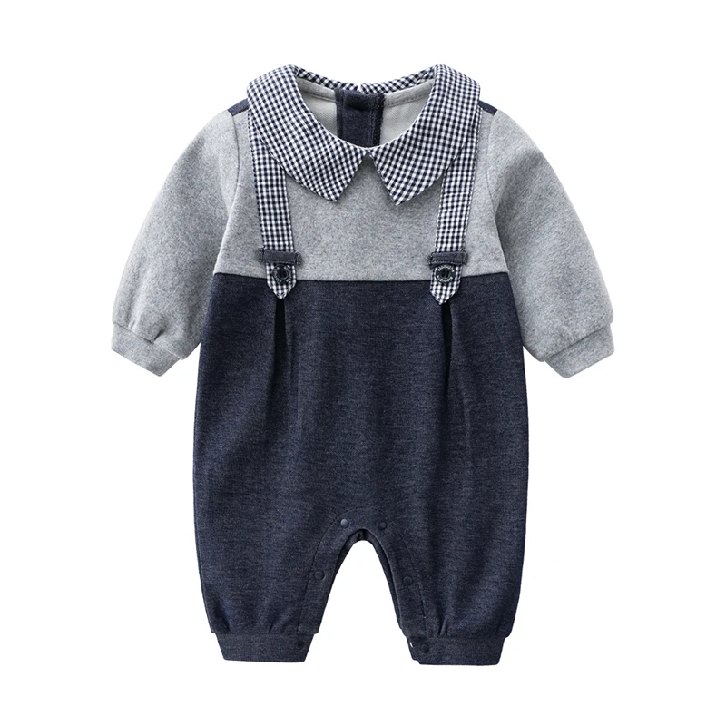 

Stock spring & autumn gentleman knitted cotton baby boy infant toddler newborn baby romper clothes wholesale, Grey+black