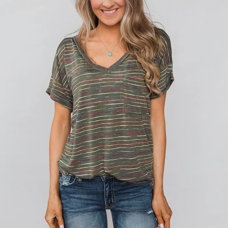 

New Design Summer Women V Neck Short Sleeve Stripe Ladies Print Casual Blouse Tops, N/a