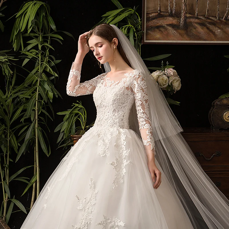 2019 Quality Chinese Wedding Gown Full Sleeve Elegant Lace Flower Floor ...