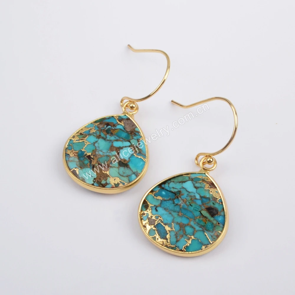 

G1858 Teardrop Gold Plated Boho Copper Turquoise Jewelry Unique Drop Turquoise Hoop Earrings 2023
