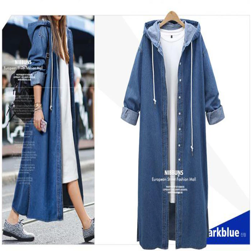 

New Casual Womens Korean Ulzzang Hooded Loose Denim Jacket Long Coat Overcoat, Blue