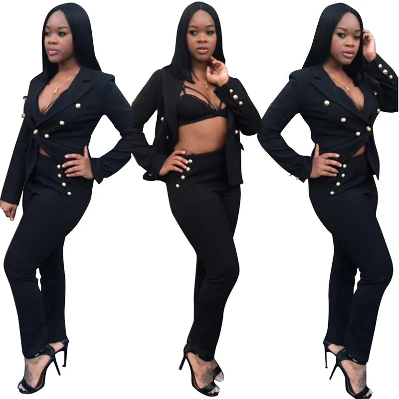 

Women fashion winter long sleeves sexy metal buckle 2 Piece slim fit white pants suit office clothes, N/a