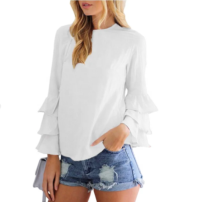 

New Style Personalized O-Neck Women Bell Sleeve Ruffle Tops, 6 colors