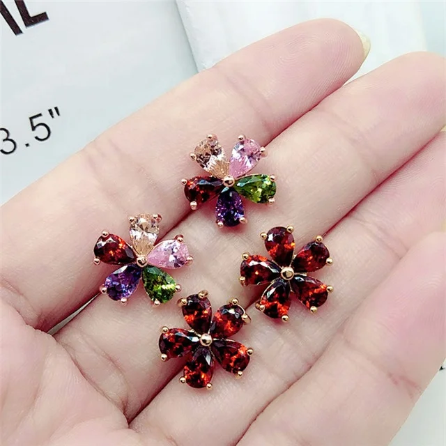 

High Quality Women Colorful Crystal Stud Earring Flower Cubic Zirconia Earrings Ear Jewelry for Women Wedding Party Gift
