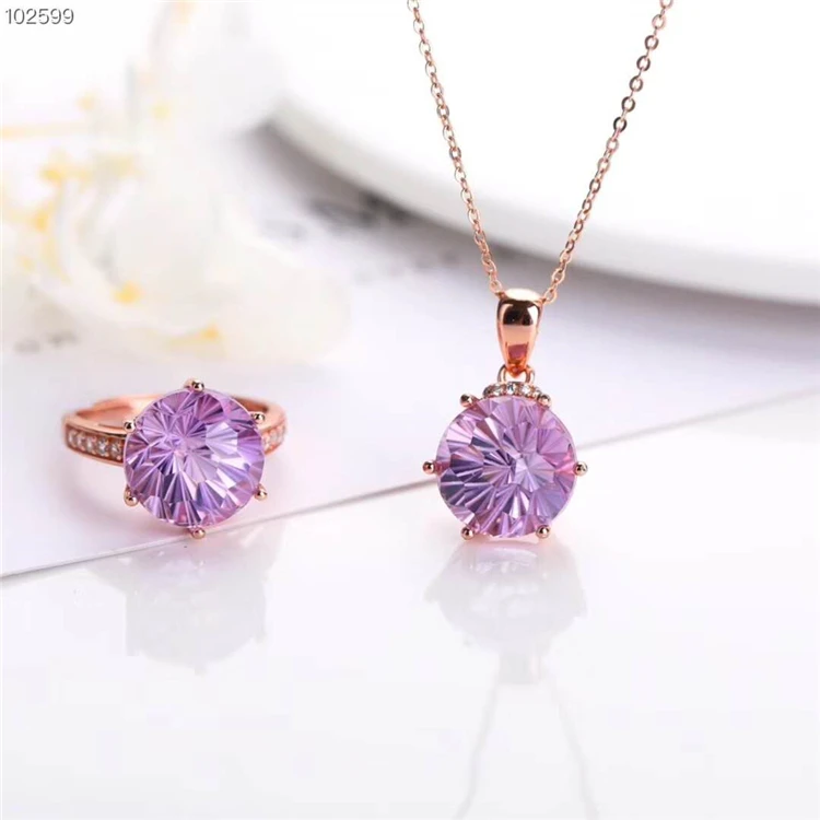 

nigerian wedding bead jewelry set 18k gold plated 925 sterling silver amethyst natural crystal jewelry set ring/pendant, Purple