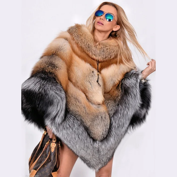 

High Quality Jtfur Female Luxury Red Fox Fur Cape Fluffy Thick Winter Fox Fur Coat
