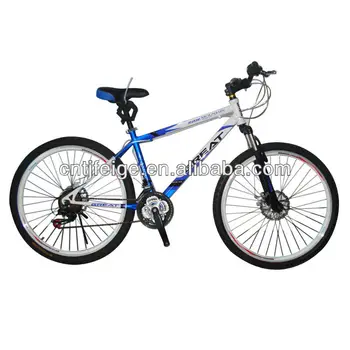 white and blue mountain bike