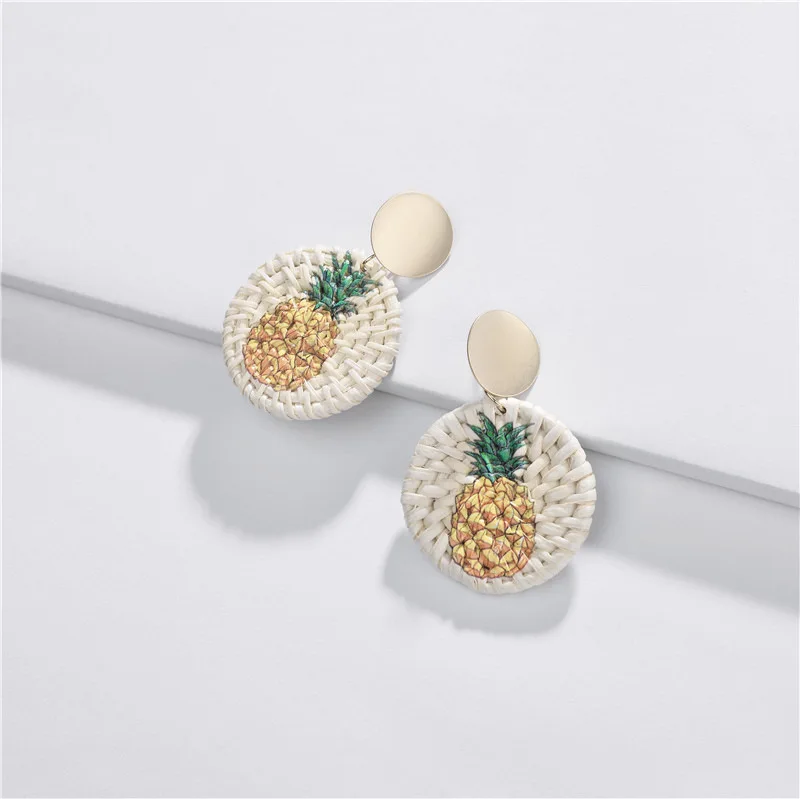 

Handmade Raffia Printed Pineapple Pattern Alloy Stud Earrings, As picture show