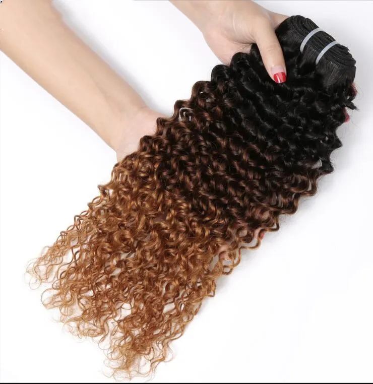 

Three Tone Ombre Brazilian Hair Bundles Kinky Curly 1PC Human Hair Extensions 1B/4/30 Remy Hair Weave, Natural color