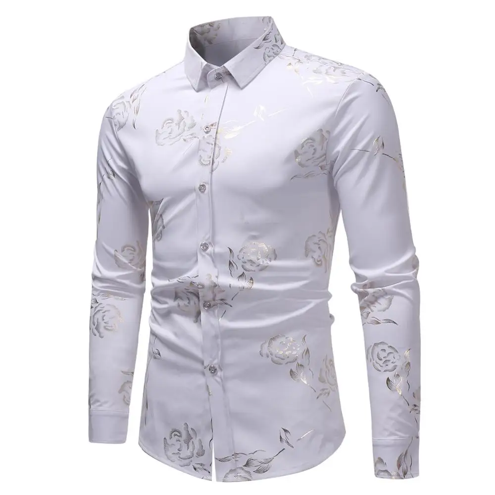 

4 Color Luxury Gold Foil Rose Flower Print Shirt Men Slim Fit Long Sleeve Tops Causal Male Button Down Shirts ECS15
