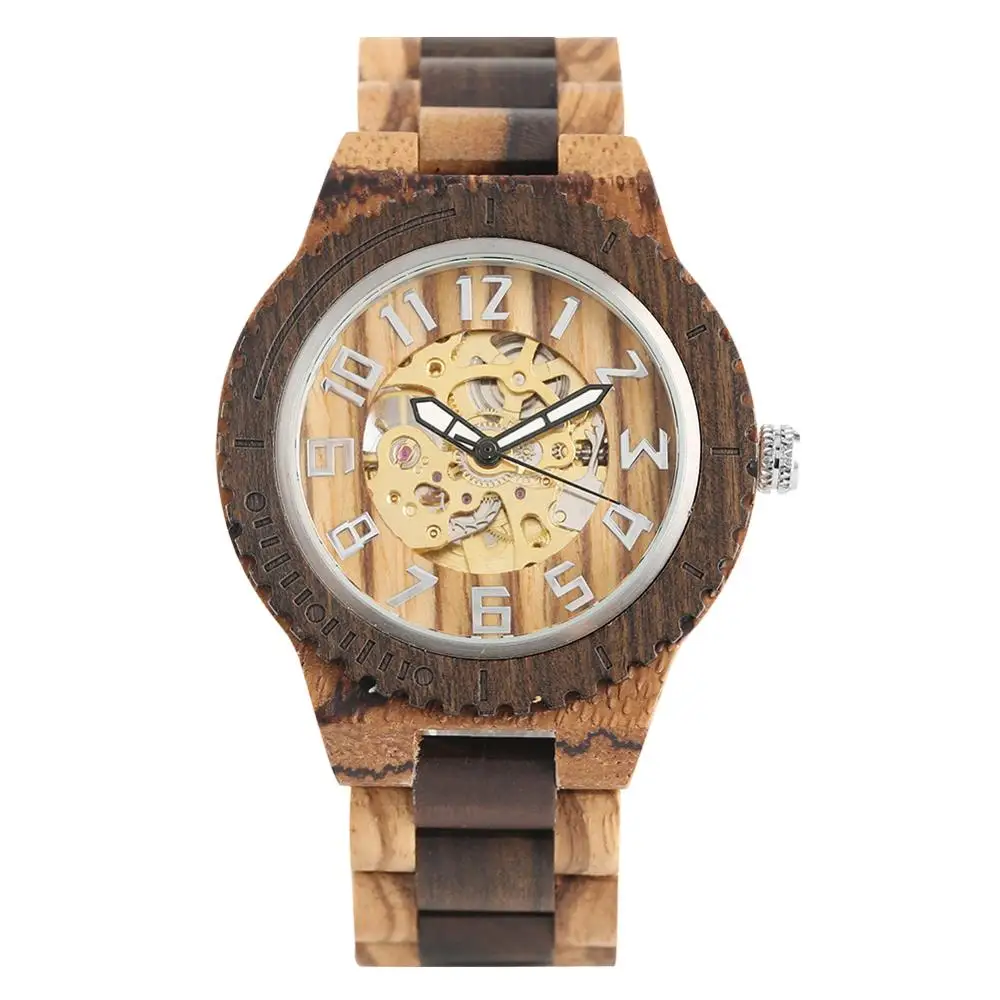 

Creative Automatic-self-winding Watch for Men Classic Black Ebony Zebra Wooden Mechanical Watches for Male, Black brown