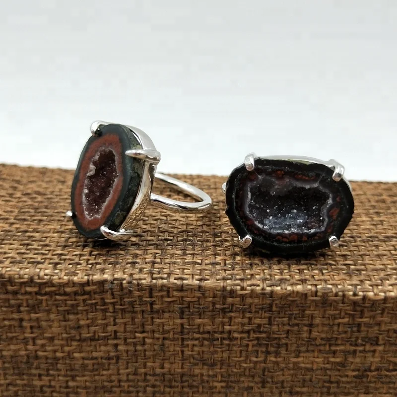 

Natural black raw stone rough rings personalized geode druzy jewelry new 925 silver models men ring