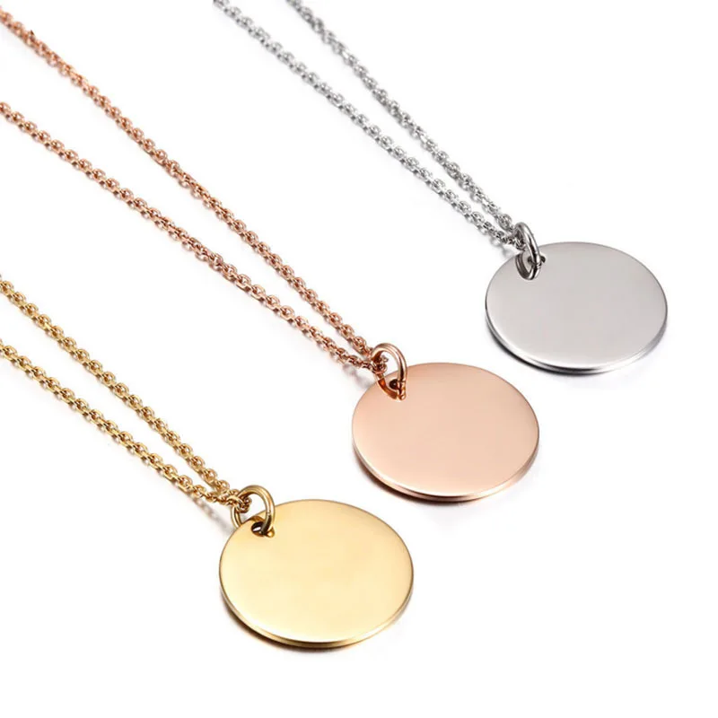 

JDP079 High polish Blanks Tags 18mm Round Charm Pendants with chain 316L Stainless steel Necklace jewels, Silver gold rose