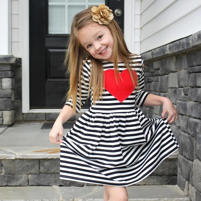 

Valentine's Day Girl Love Heart Dress Baby Girl Half Sleeve Striped Soft Cotton Priness Dresses, As picture