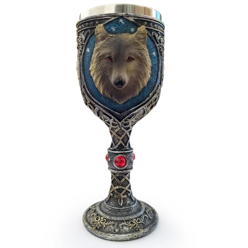 

Factory Price stainless steel High feet 3D Resin wolf head coffee mug stainless steel Wolf head wine goblet