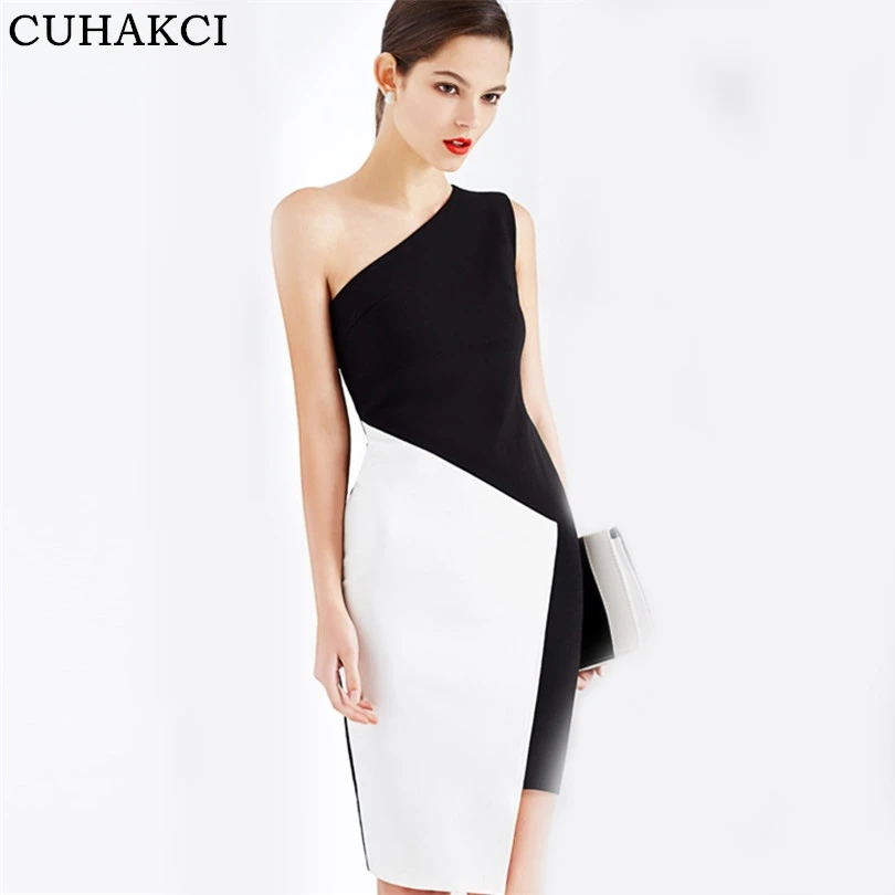 

Women Summer Dress Sleeveless Dresses Splice Inclined Shoulder Vintage Office Bodycon Short Straight Dress Party Night