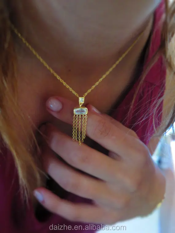 

luxury 2021 high quality 18k gold plated silver chain rectangle diamond tassel necklace
