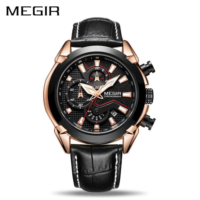 

Megir Brand Luxury Men Watches Army Big Dial Date Clock Business Leather Strap Waterproof Military Quartz Chronograph Watch Hot