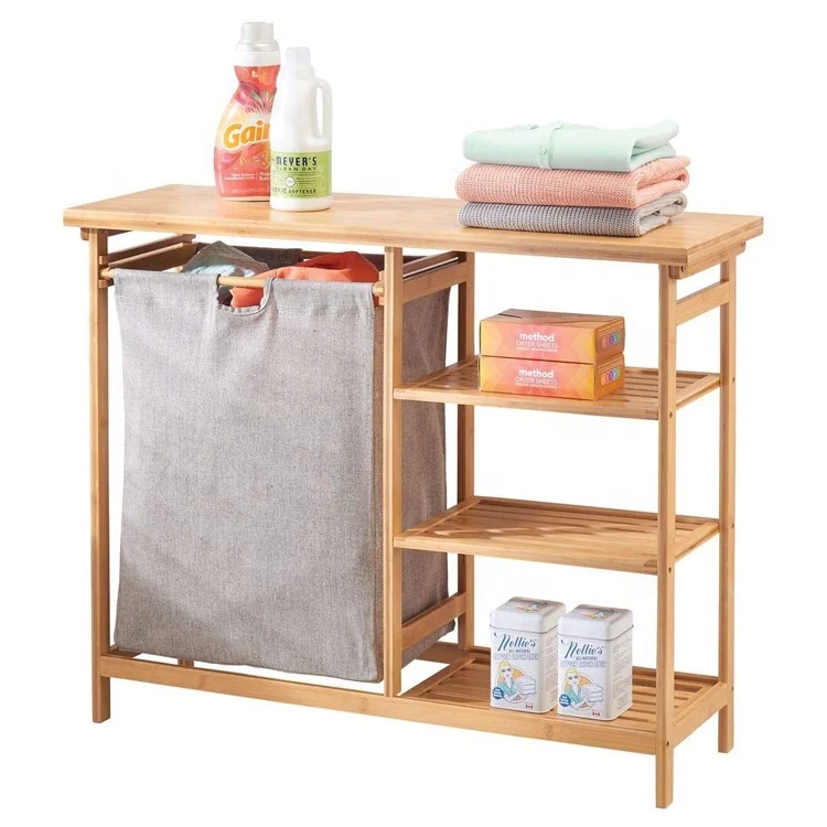 Bamboo Wood Laundry Furniture Storage Rack Station With 3 Open Storage ...