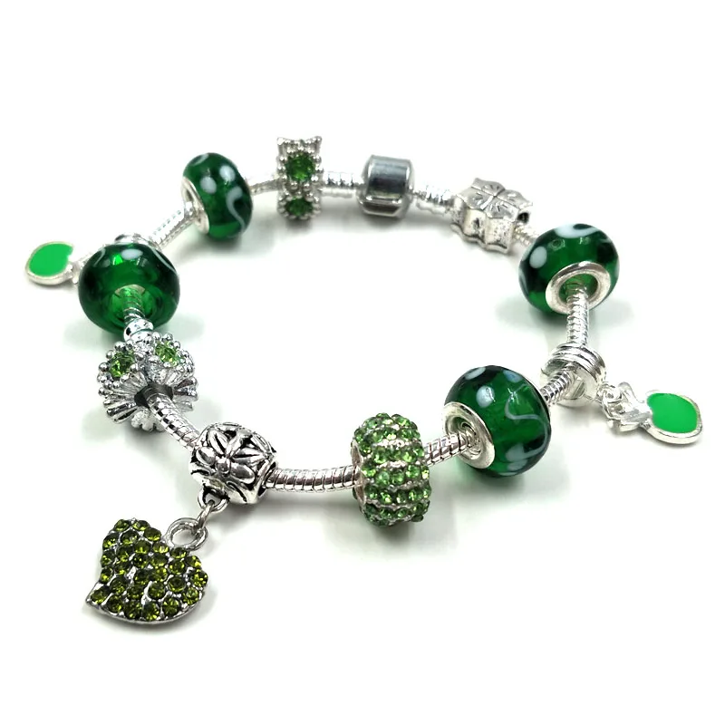 

green crystal bead charm bracelet lampwork charm jewelry heart charm jewelry yiwu big hole charm bead bracelet