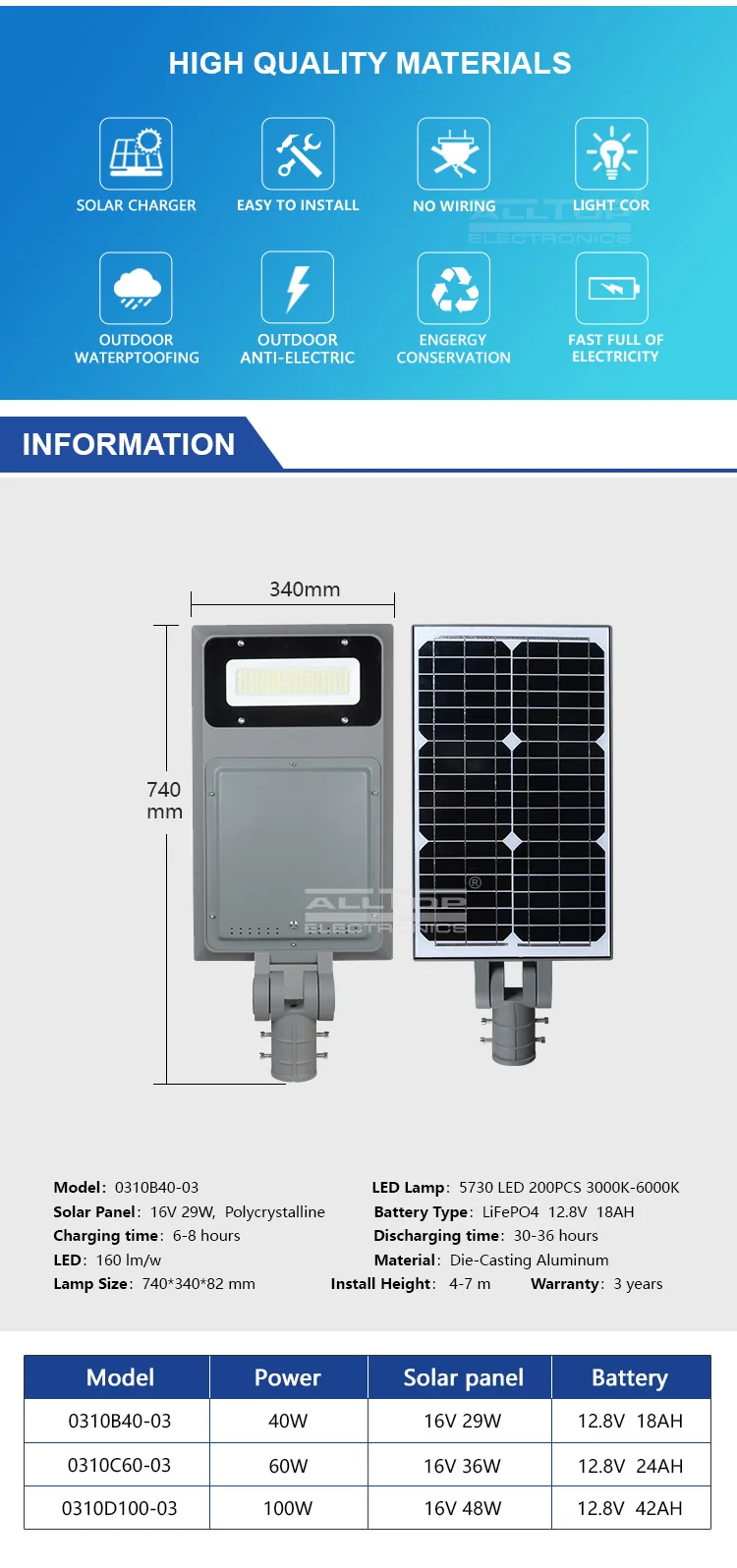 ALLTOP IP65 waterproof led module solar panel 40w 60w 100w integrated all in one solar street light