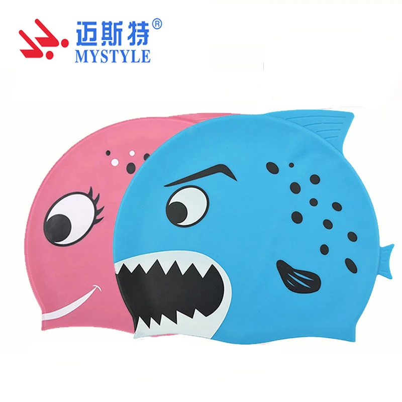 Funny Cartoon Fish Printing Silicone Ear Swim Cap For Kid Swimming