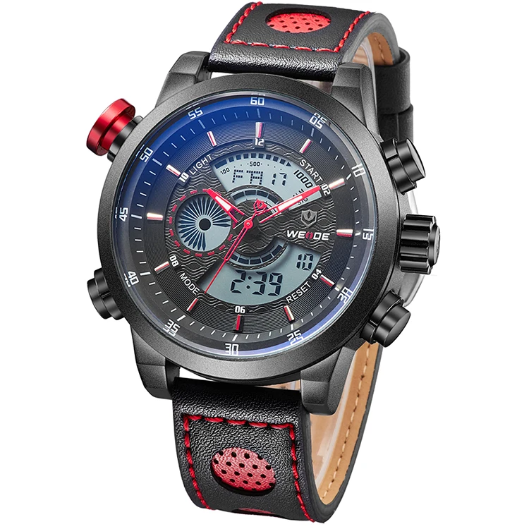 

WEIDE WH3401B-5C male LCD display Genuine leather hand watches men luxury brand men wrist watches wholesale, 4 available colors