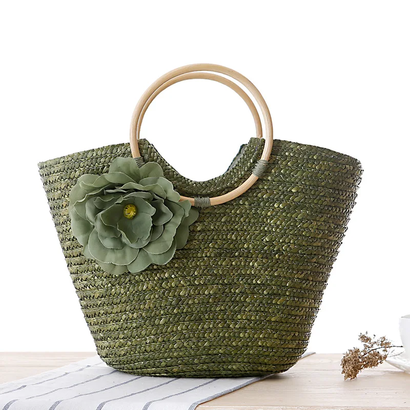 

2021 Summer Vintage Cornstalk Colorful Lady Handmade Woven Women Beach Straw Bag, Brown,yellow,pink,beige,green