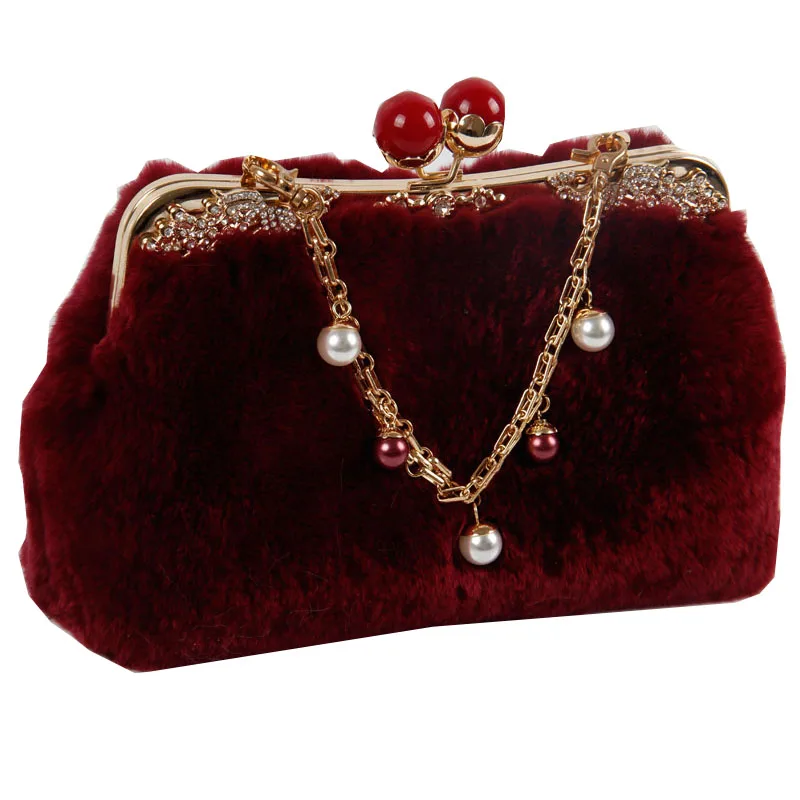 
Wholesale rabbit hair ladies handbag with diamond lock buckle fur bag new winter fashion shoulder bag Messenger bag 