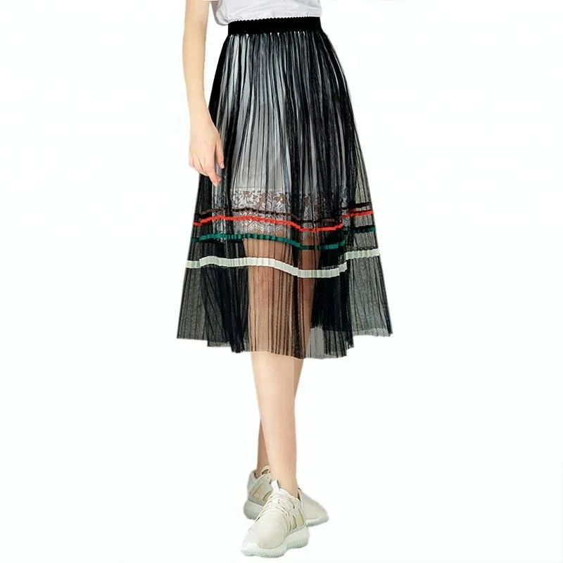 

Wholesale Summer New Fashion Sexy Striped Pleated Mesh Midi Skirt in Black