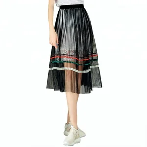 Wholesale Summer New Fashion Sexy Striped Pleated Mesh Midi Skirt in Black