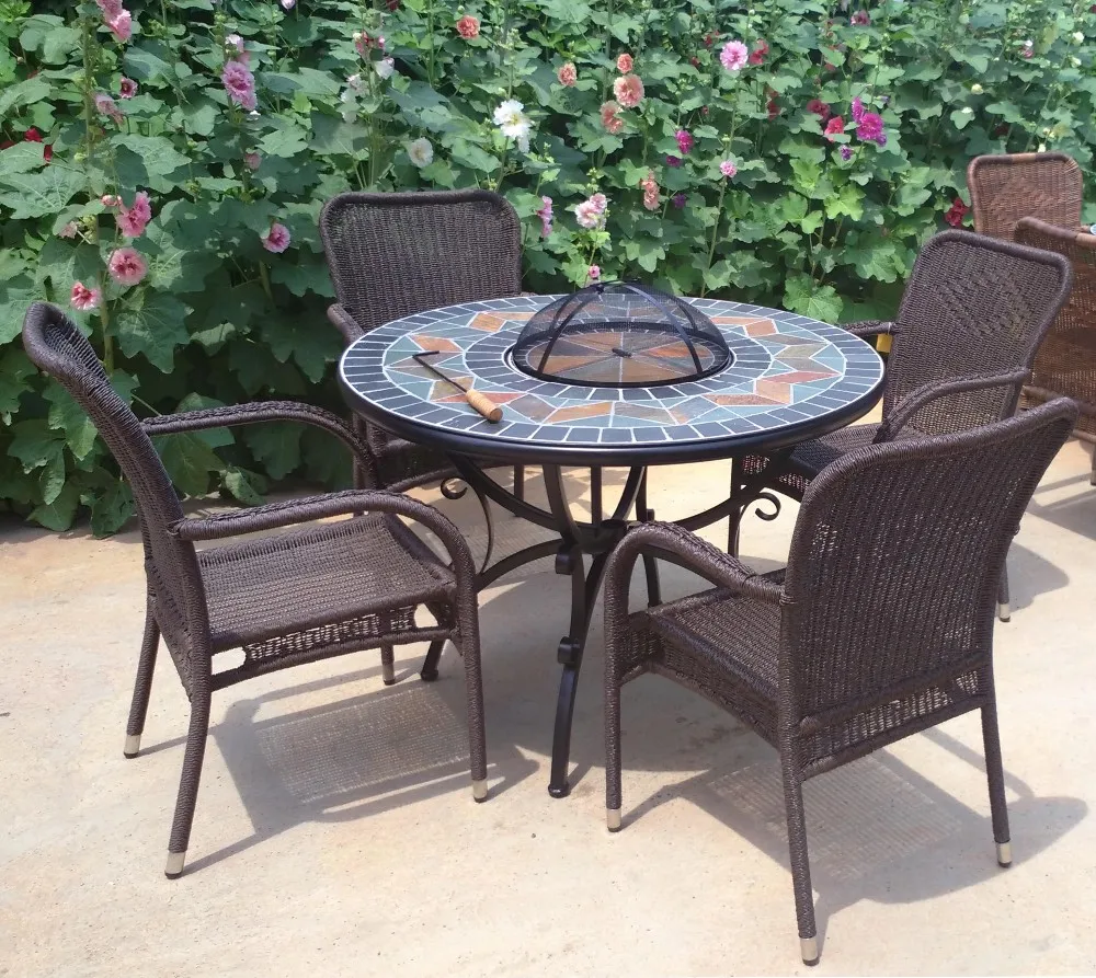 Round Fire Pit Bbq Table Set With Slate Top Bowl Cover Mosaic