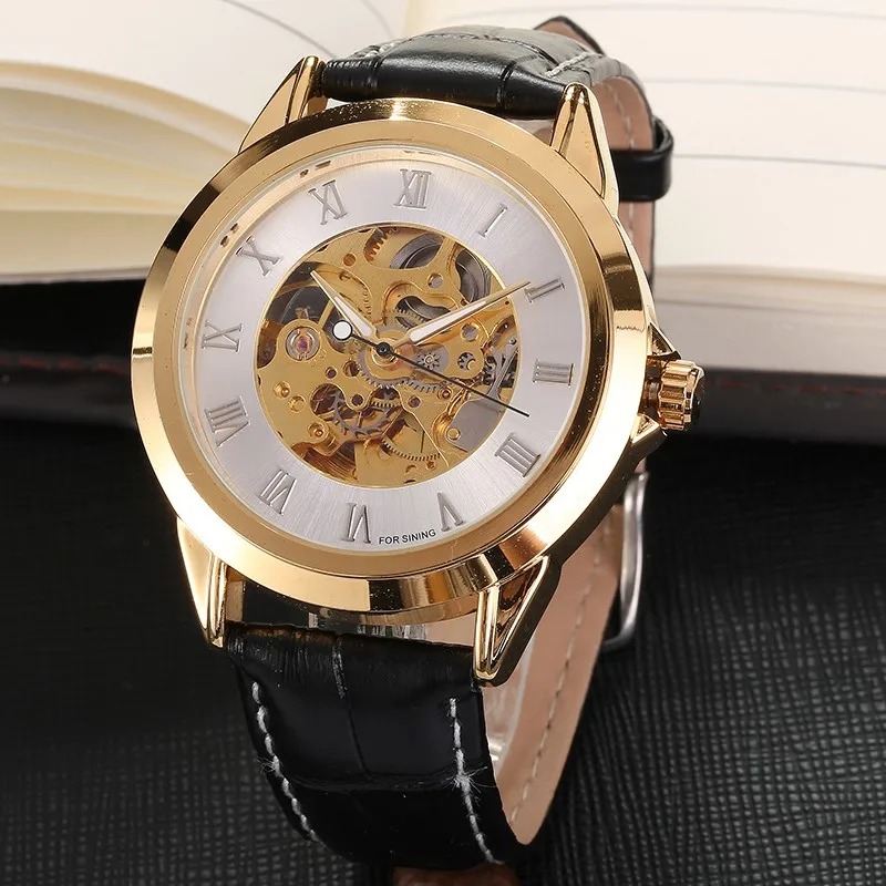 

Forsinning watches Male clock relogio black leather strap band automatic mechanical men dress casual watch, N/a