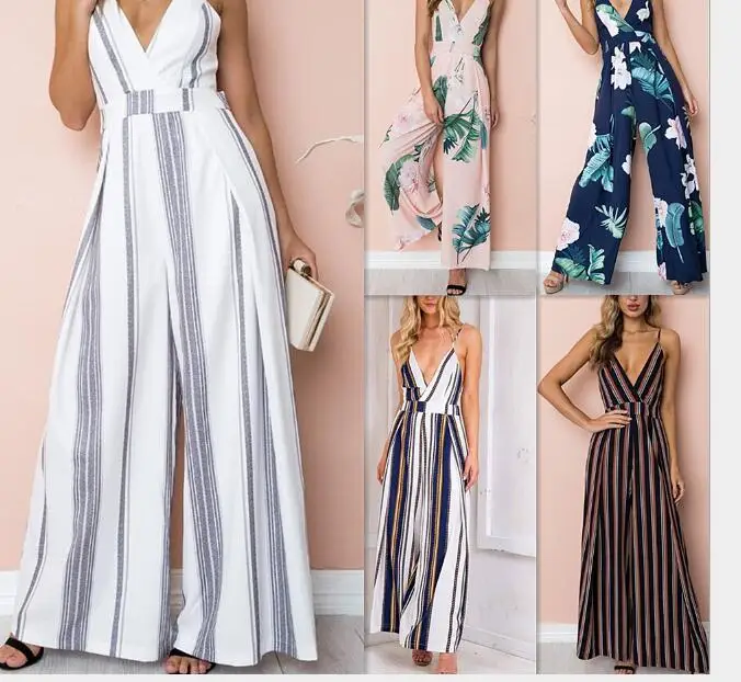 2019 Summer New Woman Printed  Off-The-Shoulder Jumpsuits  Ladies' Casual  Bodysuit