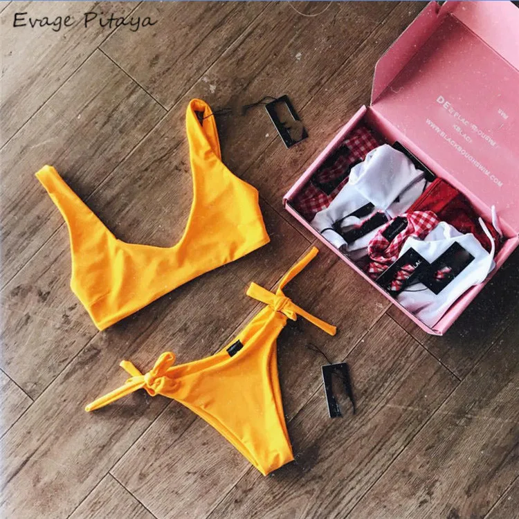 

Chinese factory dropshipping supplier Amazon customize logo low MOQ yellow tied retro swimwear, As picture
