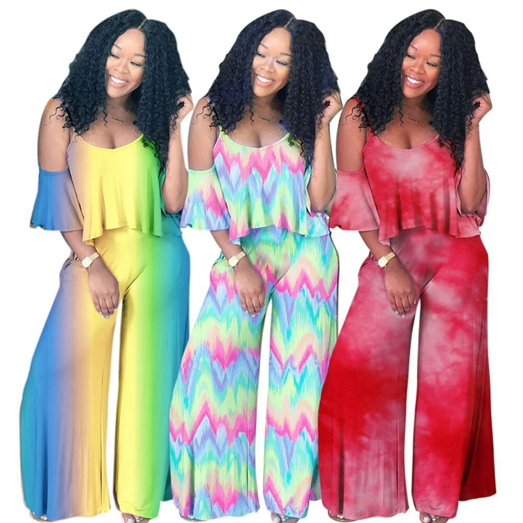 

2019 New Women's Off Shoulder Ruffles Casual Clothes Loose Tops Wide Leg Pants Set, Shown