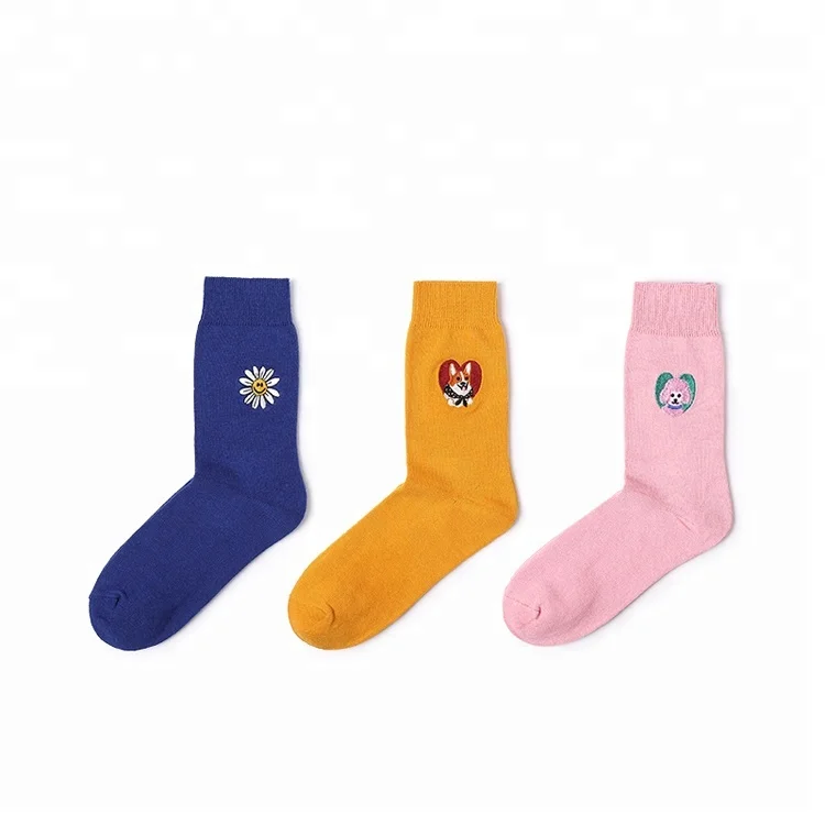 

Cartoon Flamingo Vivid Color Custom Embroidered Socks Made in Korea, Colorful color