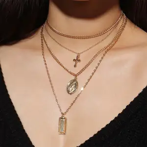 Barlaycs 2019 New Design Statement Bohemian Hawaiian Long Gold Multi Layered Cross Coin Chain Necklace Set for Women Ladies