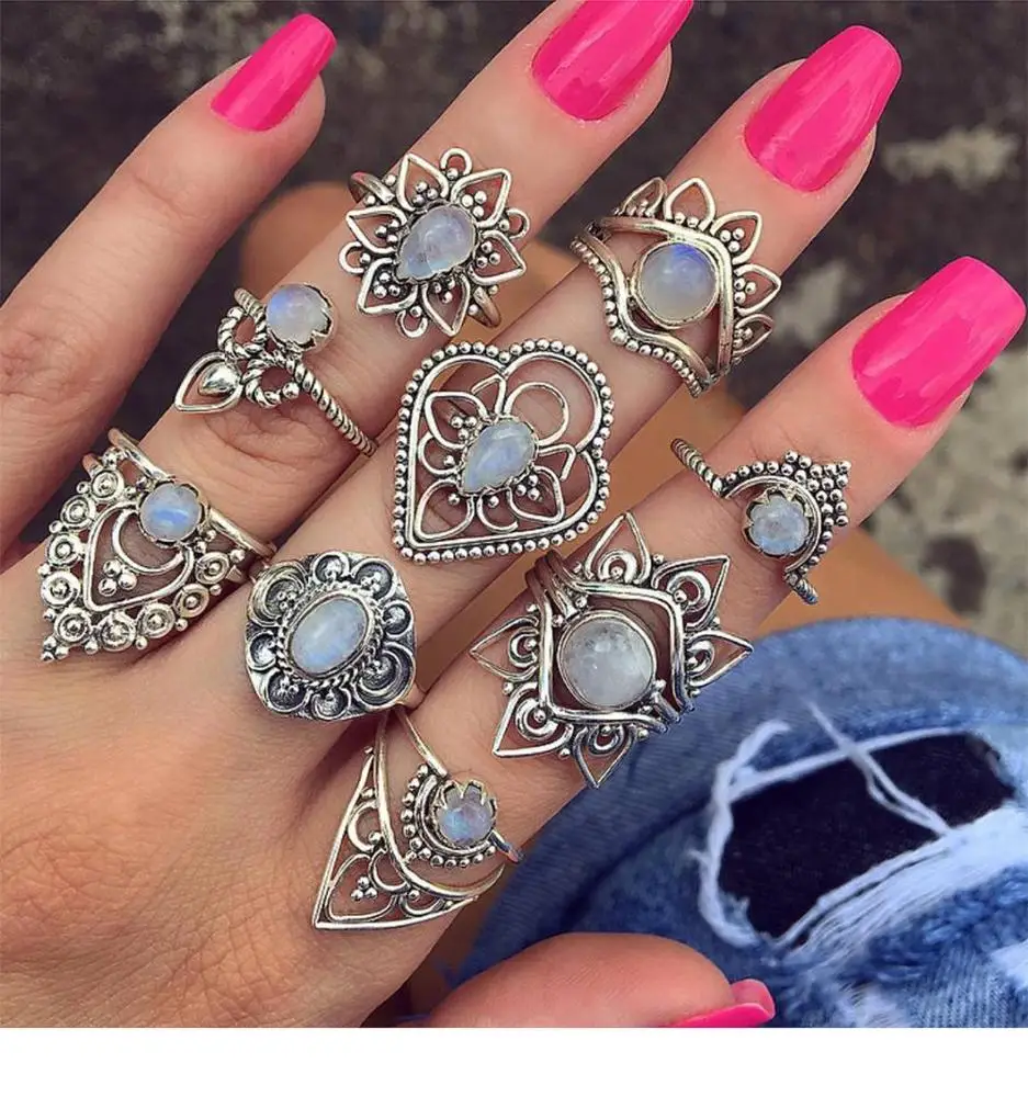 

INFANTA JEWELRY 2019 Latest design Opal Diamond Ring 9 Pieces Moonstone Gemstone Ring Sets Women Knuckle Ring Holiday Products, N/a