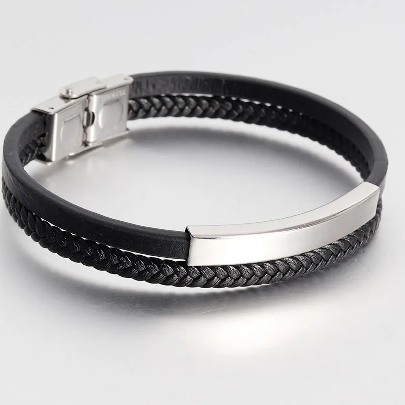 

Yiwu Week Stainless Steel Plain Tube Bar Two Layers Engraved Leather Bracelet