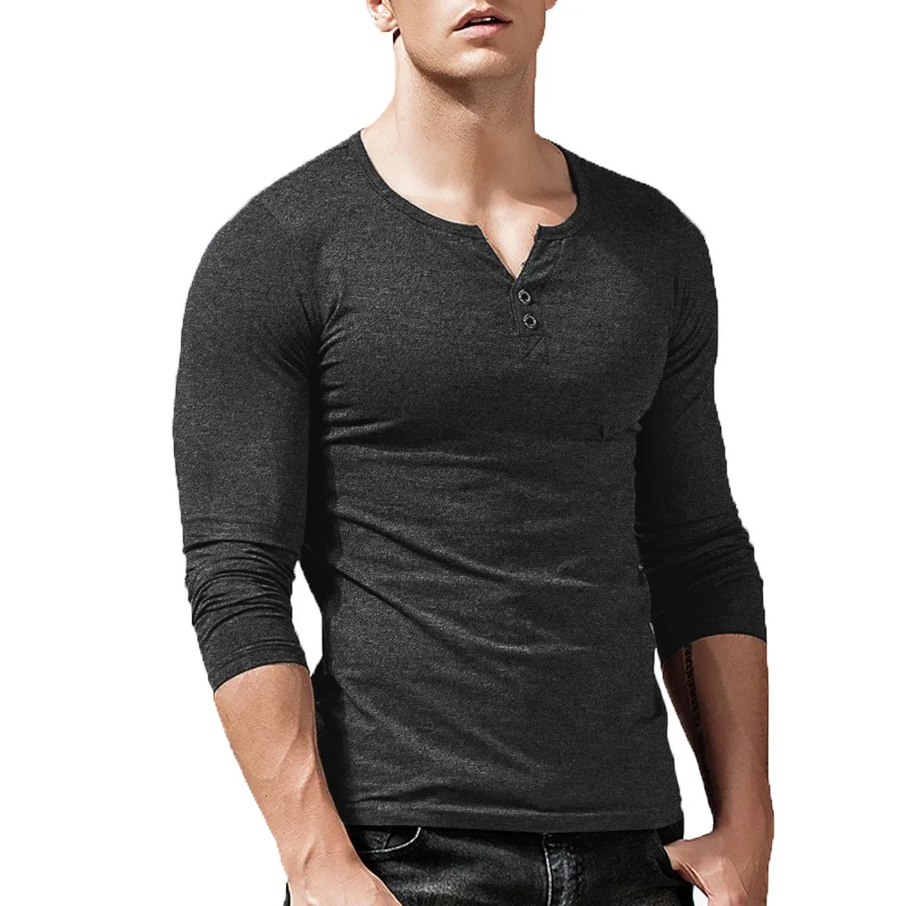 

Cheap price China manufacturer long sleeve henley neck clothes slim fit muscle gym shirt for men