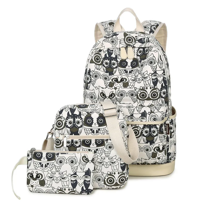 

School backpack set cute printed school backpacks for girls school bag set 3 in 1 owl canvas women backpacks, Beige, multi-color