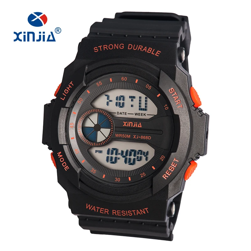 

New XINJIA Brand Digital Shock Watch Stainless Steel Case Back 5 ATM Waterproof Sports Digital Watch, 4 colors