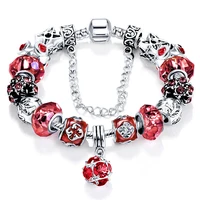 

European Style Authentic Tibetan Silver Red Crystal Charm Bracelets for Women Original Jewelry Christmas Gift PCBR0054