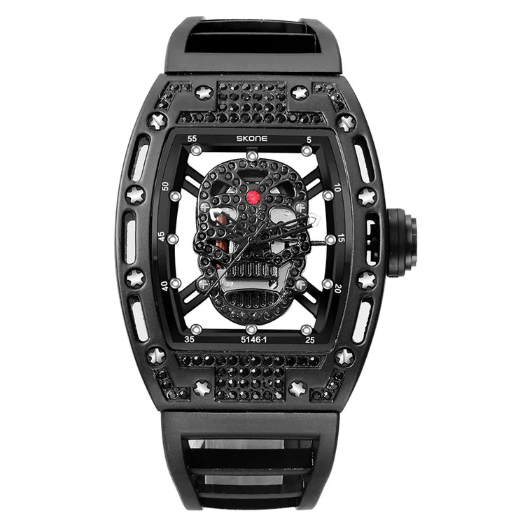 

New skone 5146 Mens Fashion Military Silicone Strap Rectangle Dial Skull Face Men Watches Wrist Watches 3D Scrub Dial Genuine