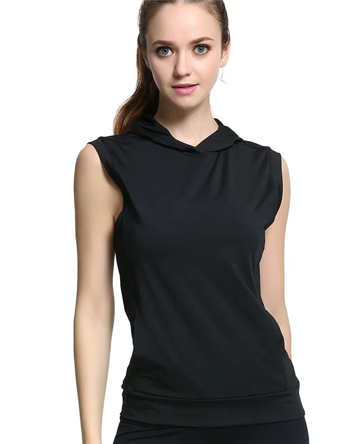 Women Black Sleeveless Hoodie 87 Polyester 13 Spandex Workout Hoodie