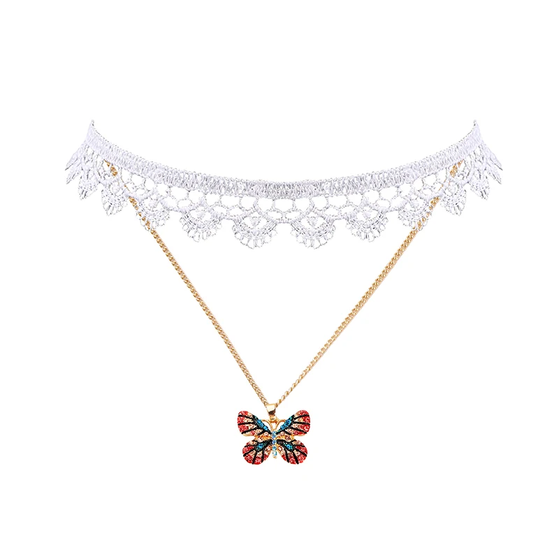 

xl02038d Lace Choker Necklace Butterfly Charm Woman Necklace Bohemian, Gold